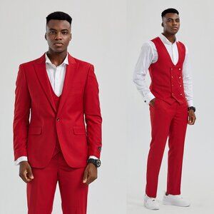 Mens 3pc Suit Red w/ Double Breasted Vest by Tazzio